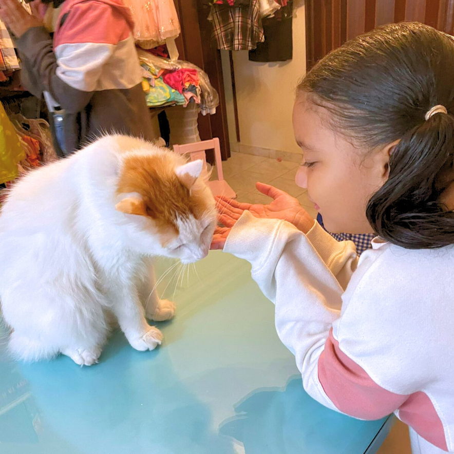 Charlie, la mascota de Rosy Badia, rodeado de niños durante una visita