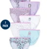 Set de 7 pantis infantiles The Children's Place con diseños de unicornios, pandas, koalas y arcoíris en colores pastel.