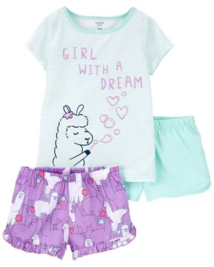 Pijama infantil Carter's de tres piezas con camiseta Girl With a Dream y dos shorts para niña.