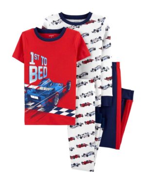 Pijama infantil Formula Racing para niño con dos camisetas y dos pantalones largos inspirados en autos de carreras.