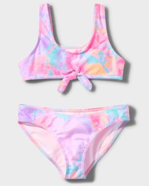 Bikini para niña de dos piezas con estampado tie dye multicolor disponible en Rosy Badia.