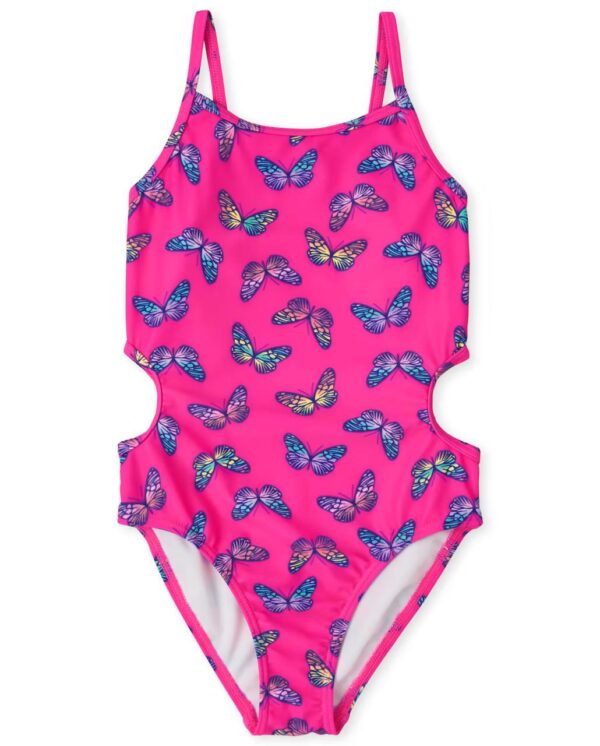 Traje de baño enterizo para niña color fucsia con estampado de mariposas disponible en Rosy Badia.