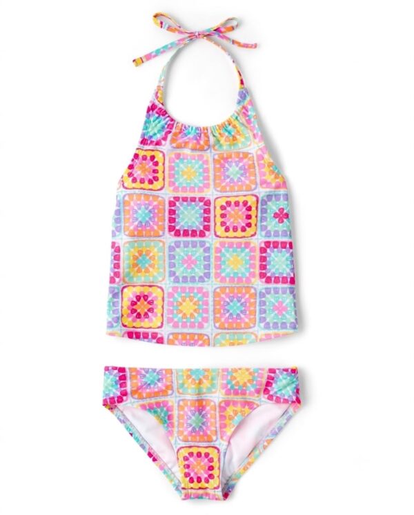 Tankini para niña con estampado geométrico multicolor disponible en Rosy Badia.