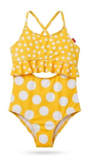 Traje de baño enterizo para niña amarillo con lunares blancos y volante disponible en Rosy Badia.