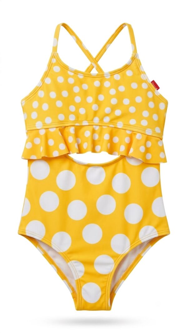 Traje de baño enterizo para niña amarillo con lunares blancos y volante disponible en Rosy Badia.