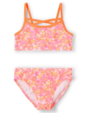 bikini para niña con estampado floral coral | traje de baño de dos piezas