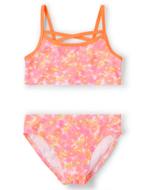 bikini para niña con estampado floral coral | traje de baño de dos piezas