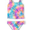 Tankini para niña con estampado tie dye multicolor y tirantes cruzados disponible en Rosy Badia.