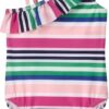 Traje de baño enterizo para niña de un hombro con rayas multicolor y volante disponible en Rosy Badia.