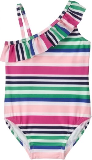 Home Traje de baño enterizo para niña de un hombro con rayas multicolor y volante disponible en Rosy Badia.