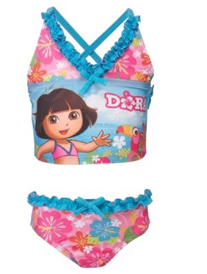 Tankini de Dora la Exploradora para niña con estampado tropical y volantes disponible en Rosy Badia.