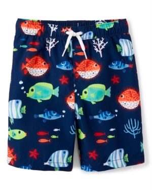 Bermuda de baño para niño con diseño de peces tropicales y fondo marino disponible en Rosy Badia.