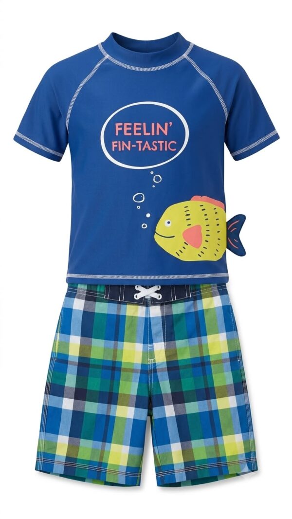 Set de traje de baño infantil con camiseta UV UPF 50+ de pez y bermuda de cuadros disponible en Rosy Badia.
