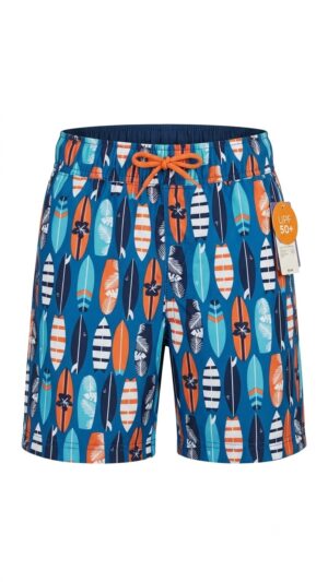 Bermuda de baño infantil con estampado de tablas de surf y protección solar UPF 50+ disponible en Rosy Badia.