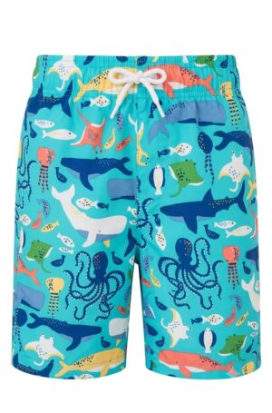 Short de baño infantil con estampado de animales marinos como ballenas, tiburones, pulpos y peces para niño disponible en Rosy Badia.