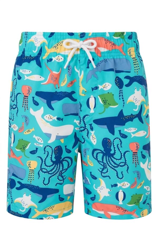 Short de baño infantil con estampado de animales marinos como ballenas, tiburones, pulpos y peces para niño disponible en Rosy Badia.