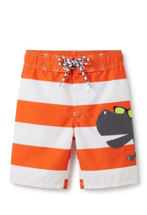 Short de baño infantil con rayas naranja y blanco y diseño de dinosaurio para niño disponible en Rosy Badia.