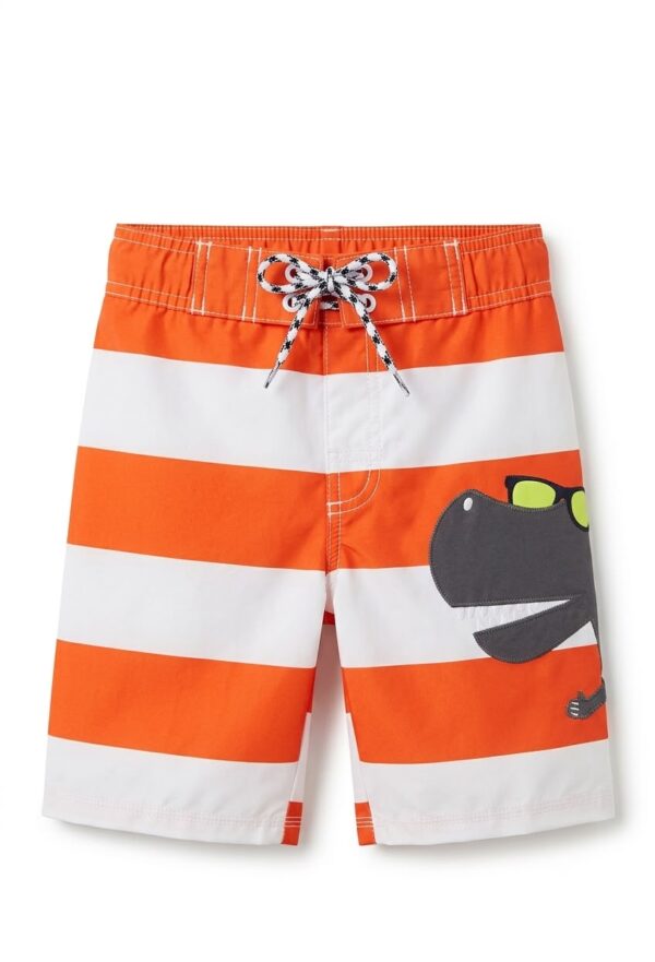 Short de baño infantil con rayas naranja y blanco y diseño de dinosaurio para niño disponible en Rosy Badia.