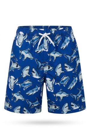 Short de baño infantil azul con estampado de tiburones para niño disponible en Rosy Badia.