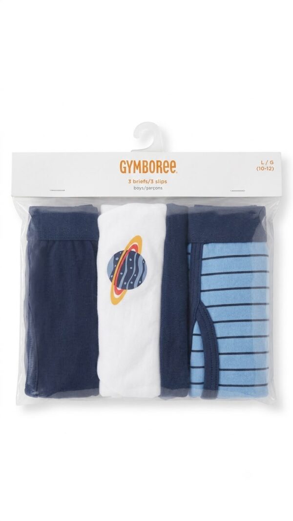 Set de 3 calzoncillos infantiles Gymboree con diseños inspirados en el espacio y colores azul marino, blanco y azul claro.