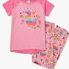 Pijama infantil rosa de algodón con camiseta de llama arcoíris y pantalón estampado para niña.