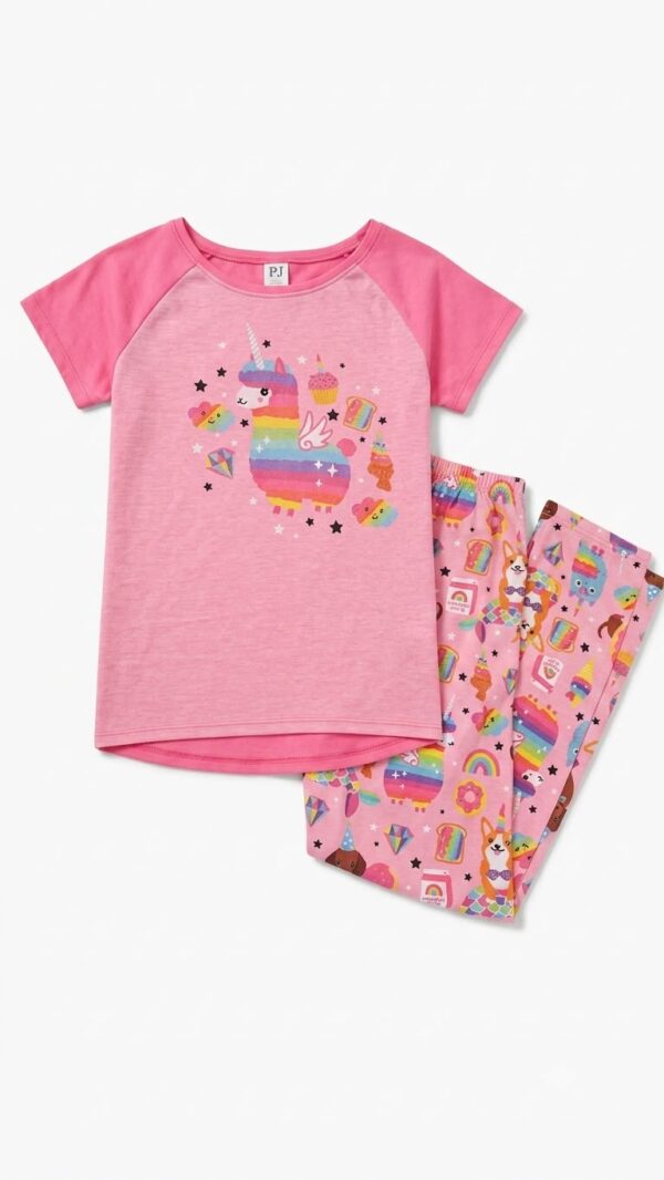 Pijama infantil rosa de algodón con camiseta de llama arcoíris y pantalón estampado para niña.