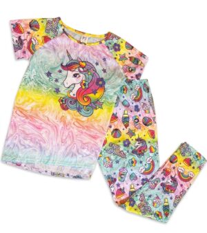 Pijama infantil de algodón con unicornio multicolor y pantalón estampado Magical Vibes para niña.