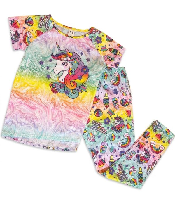 Pijama infantil de algodón con unicornio multicolor y pantalón estampado Magical Vibes para niña.