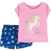 Pijama infantil Carter's con unicornio rosa y short azul estampado para niña.