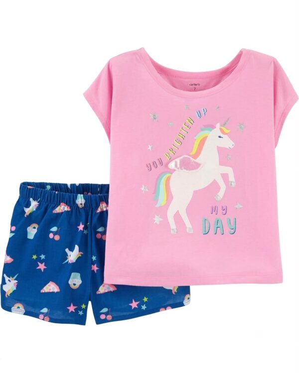 Pijama infantil Carter's con unicornio rosa y short azul estampado para niña.