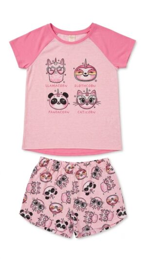 pijama infantil de algodón llamacorn, pandacorn, slothcorn y caticorn