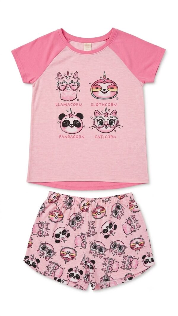 pijama infantil de algodón llamacorn, pandacorn, slothcorn y caticorn