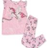Pijama infantil de algodón para niña con unicornio alado, blusa rosa sin mangas y pantalón largo estampado.