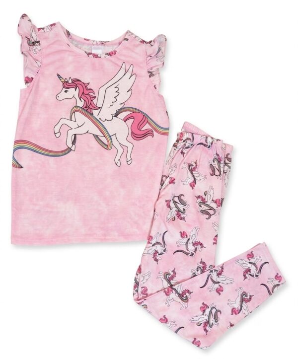Pijama infantil de algodón para niña con unicornio alado, blusa rosa sin mangas y pantalón largo estampado.