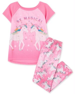 Pijama infantil para niña de algodón con diseño Be Magical, dos unicornios y pantalón largo estampado de unicornios.