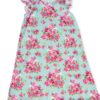 Vestido infantil para niña color menta con estampado de unicornios y flores rosadas.
