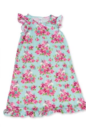 Home Vestido infantil para niña color menta con estampado de unicornios y flores rosadas.