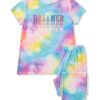 Pijama infantil Dreamer para niña con diseño tie-dye de colores pastel, camiseta de manga corta y pantalón largo.