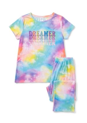 Pijama infantil Dreamer para niña con diseño tie-dye de colores pastel, camiseta de manga corta y pantalón largo.