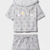 conjunto infantil de verano con capucha "love" y margaritas para niña