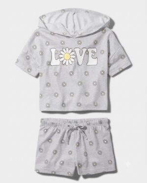 conjunto infantil de verano con capucha "love" y margaritas para niña