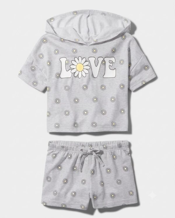 conjunto infantil de verano con capucha "love" y margaritas para niña