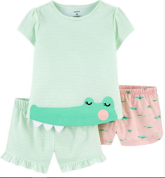 pijama infantil cocodrilo para niña – conjunto de 3 piezas con dos shorts