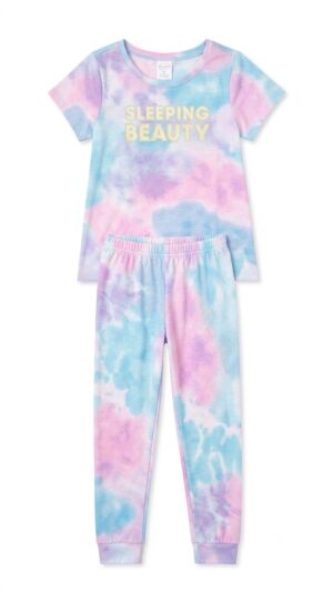 Pijama infantil de dos piezas para niña con diseño tie-dye en tonos pastel y estampado Sleeping Beauty.