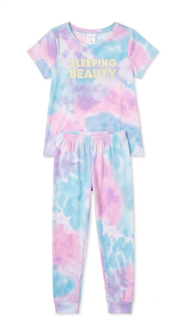 Pijama infantil de dos piezas para niña con diseño tie-dye en tonos pastel y estampado Sleeping Beauty.