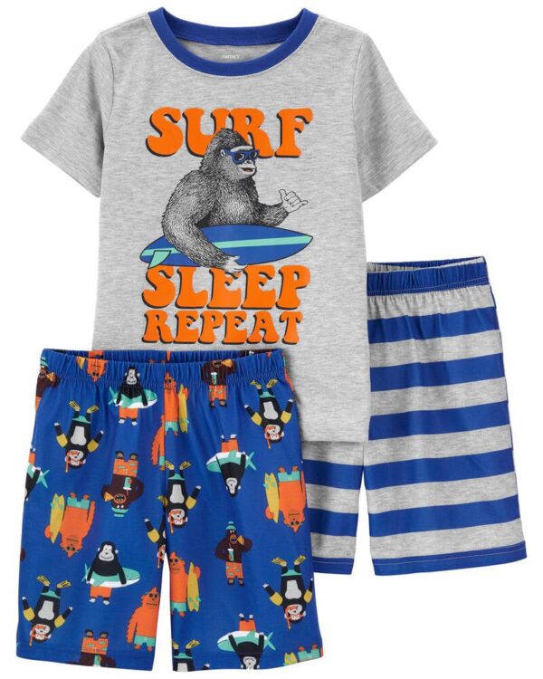 Pijama infantil Surf Sleep Repeat para niño con camiseta gris y dos shorts intercambiables con diseños de surf.