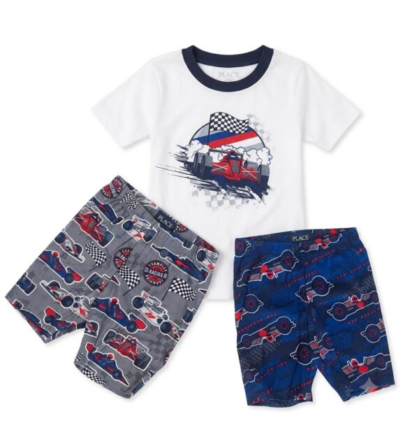 pijama infantil carros de carrera para niño – conjunto de 3 piezas con dos shorts