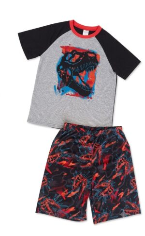 Pijama infantil para niño con camiseta de T-Rex y short estampado con dinosaurios.