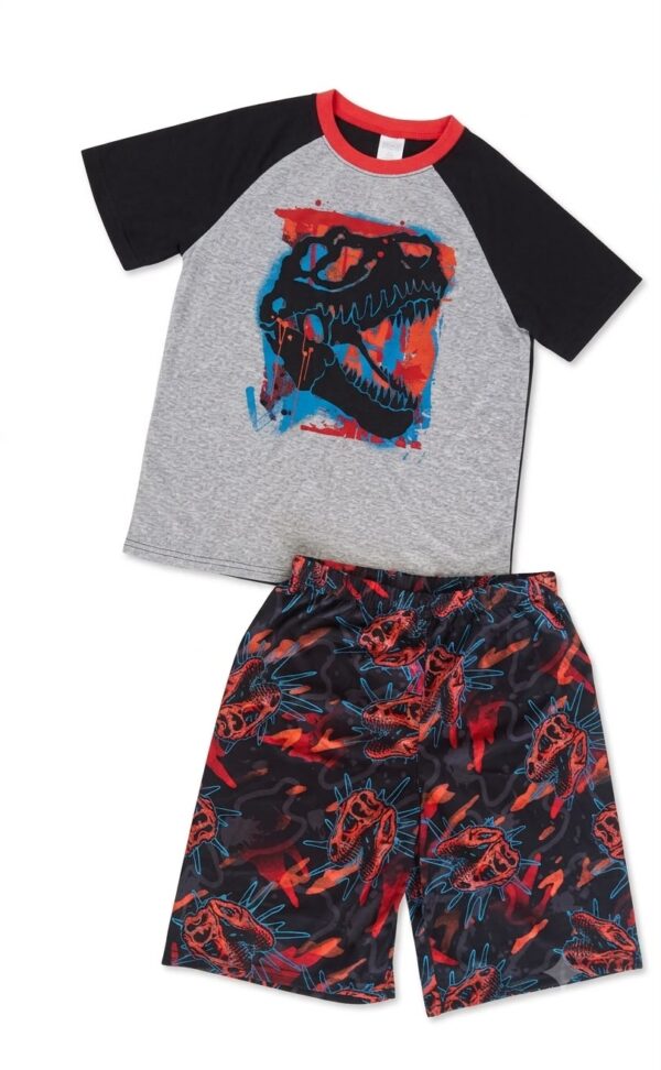 Pijama infantil para niño con camiseta de T-Rex y short estampado con dinosaurios.