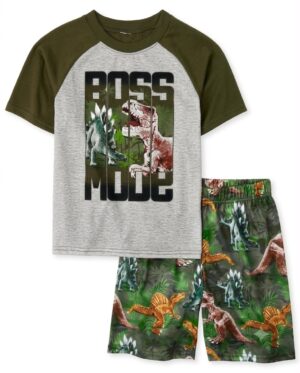 Pijama infantil para niño con camiseta Boss Mode de dinosaurios y short estampado con dinosaurios.